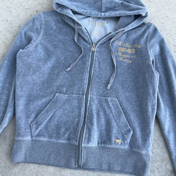 Vintage Y2K PINK VS Hoodie Zip Up Jacket Velour Gray Material Medium - Picture 3 of 7